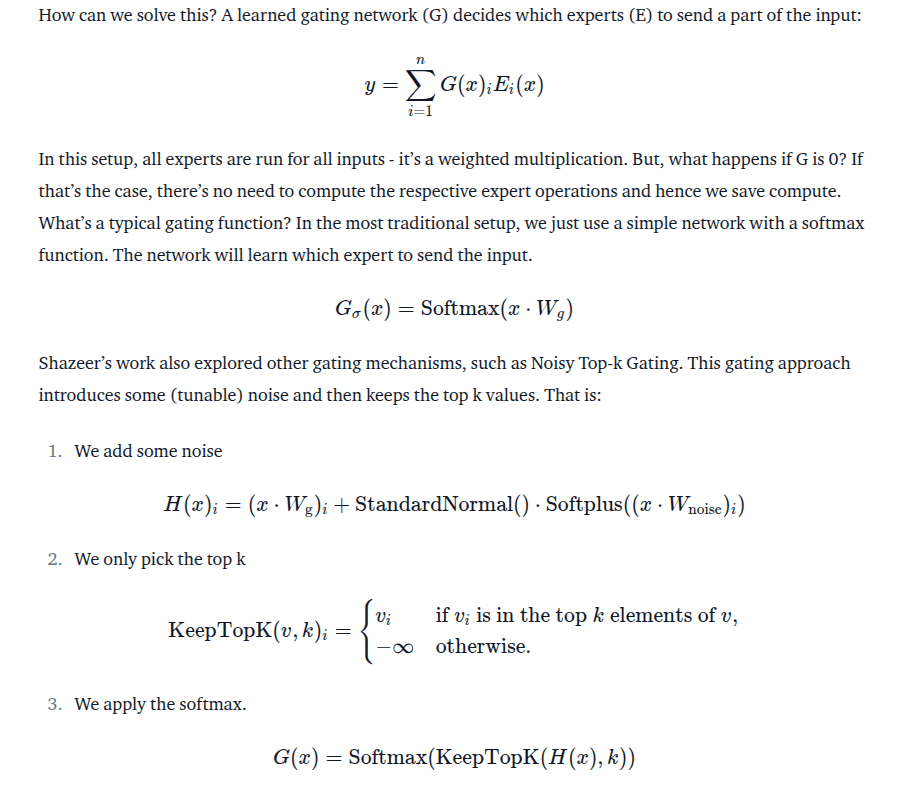 Text and equations explaining Mixture of Experts from the Hugging Face MoE article